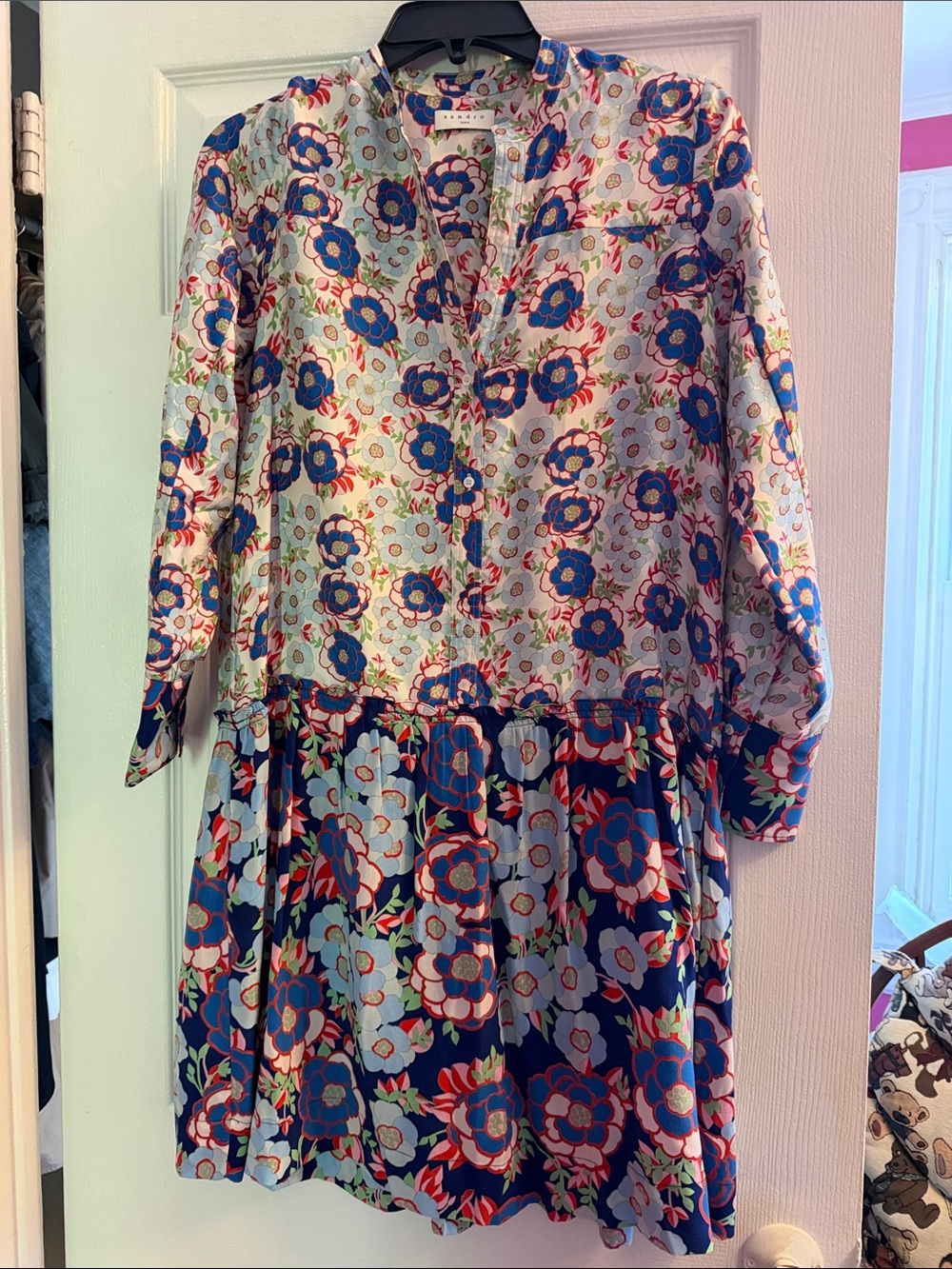Sandro Floral Patchwork Dress in Blue, White, Red
